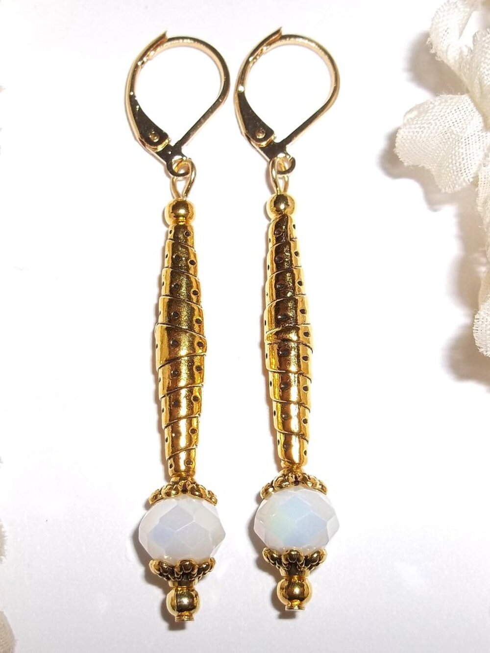 Long Earrings Gold and White AB Aurora Borealis Dangle Drop Jewelry Set D883